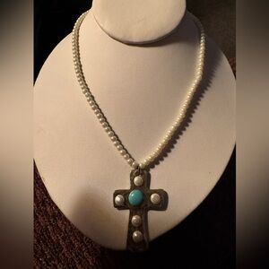 Vintage Memory Lane Southwestern Style Turquoise and Pearl Cross Necklace, 11.6g